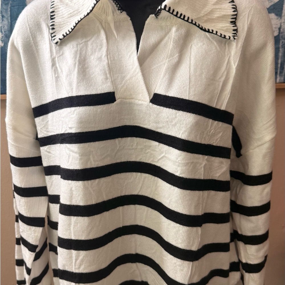 Elegant Black and White Striped V-Neck Sweater
